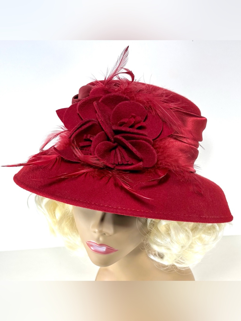 Toucan Collection 100% Wool Dress/Cloche Hat Red- Flowers, Feathers, Satin Band